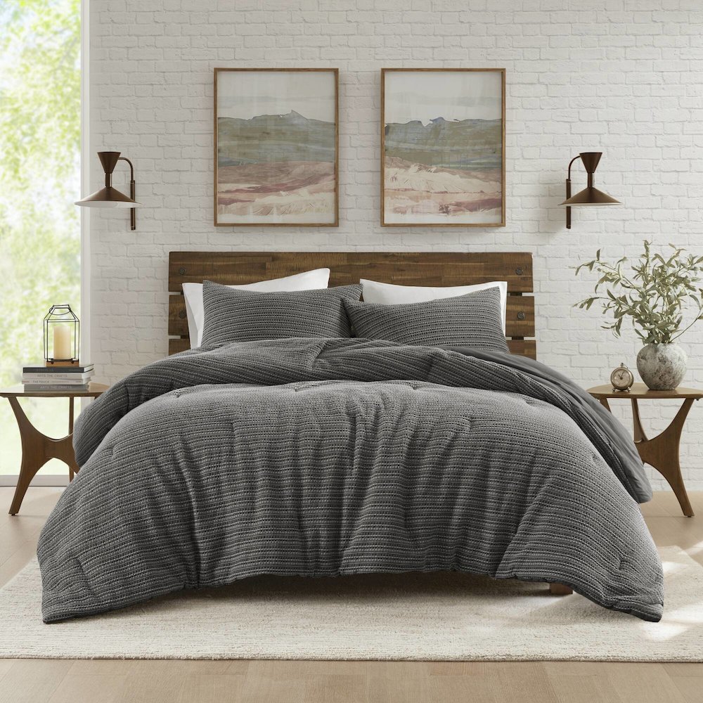 Lyon Waffle Washed Comforter Set, Charcoal color. Picture 4