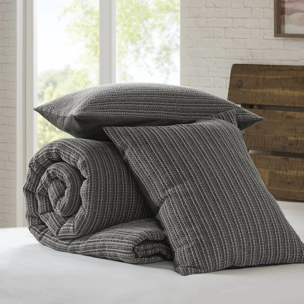 Lyon Waffle Washed Comforter Set, Charcoal color. Picture 3
