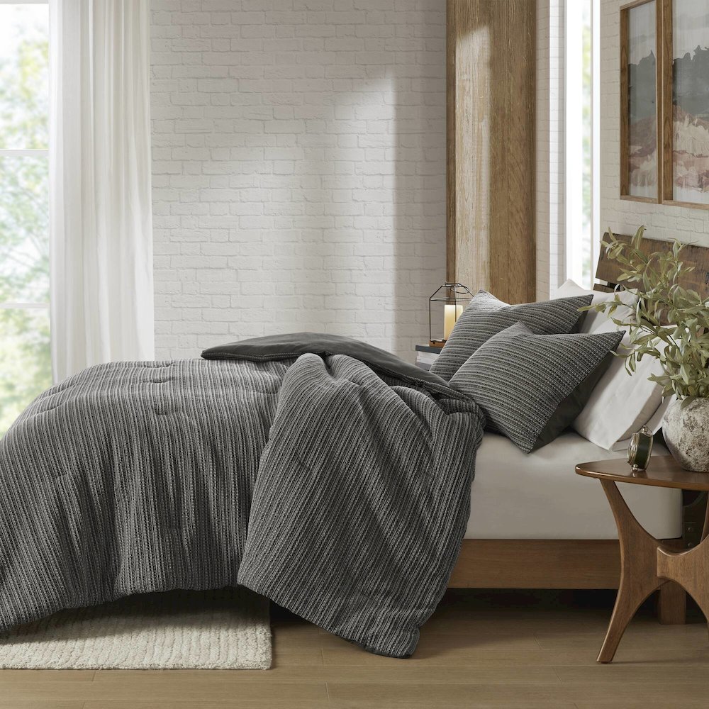 Lyon Waffle Washed Comforter Set, Charcoal color. Picture 2