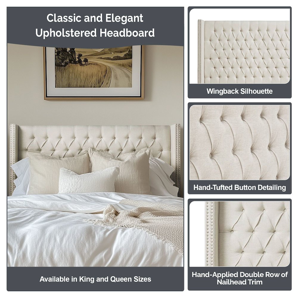 Amelia Upholstered Wingback Headboard with Button Tufting & Nailhead Trim. Picture 5