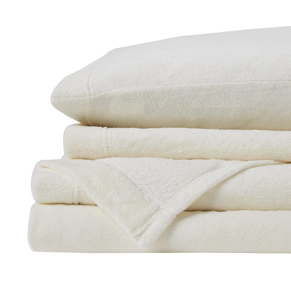 100% Polyester Knitted Plush Sheet Set, Ivory. Picture 3