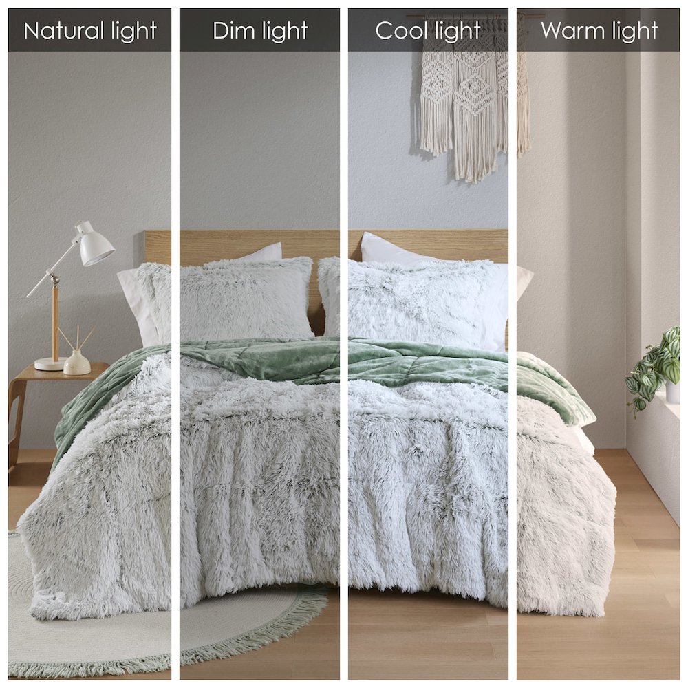 Malea Shaggy Faux Fur Comforter Mini Set in Green/White Color. Picture 2