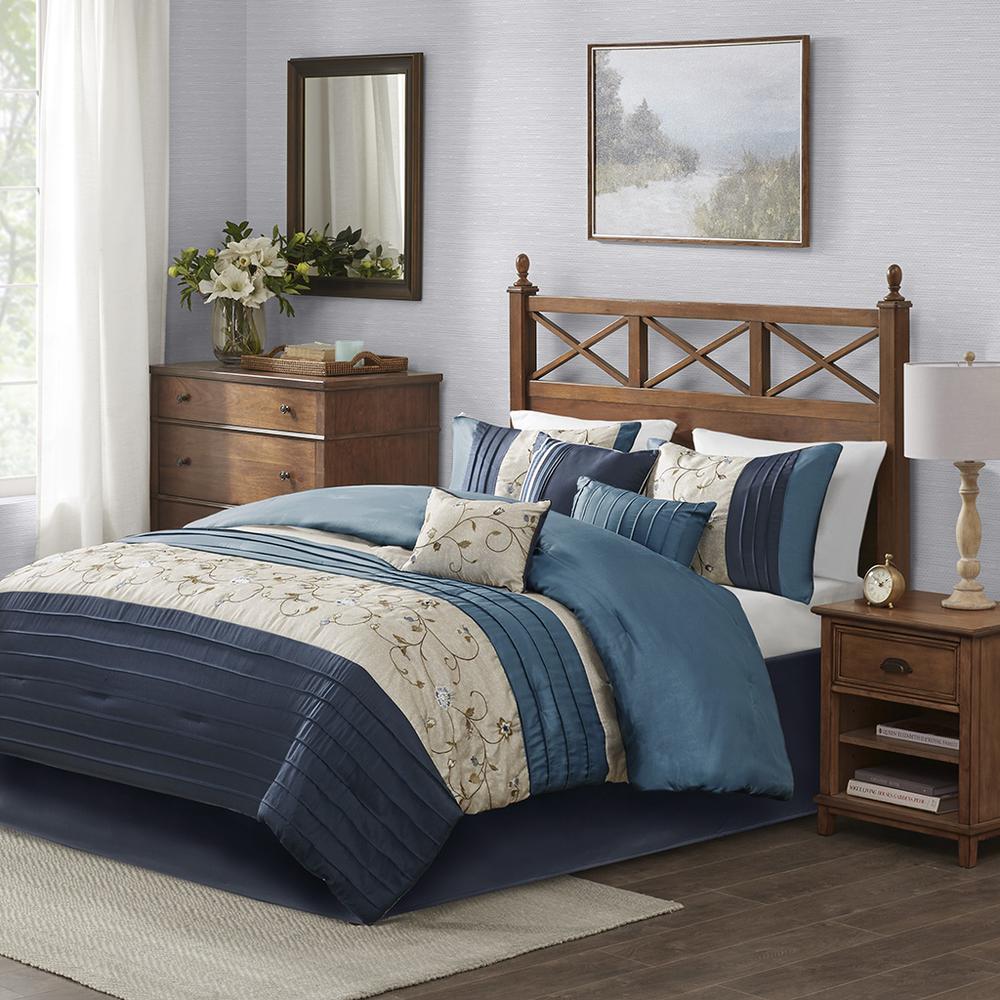 Serene Embroidered 7 Piece Comforter Set, Navy color. Picture 4