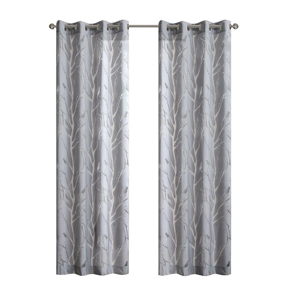 Grommet Top Sheer Bird on Branches Burnout Window Curtain. Picture 1