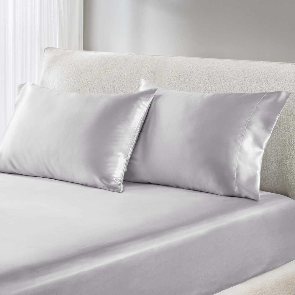 Satin Luxury 2 PC Pillowcases, Light Grey color. Picture 1