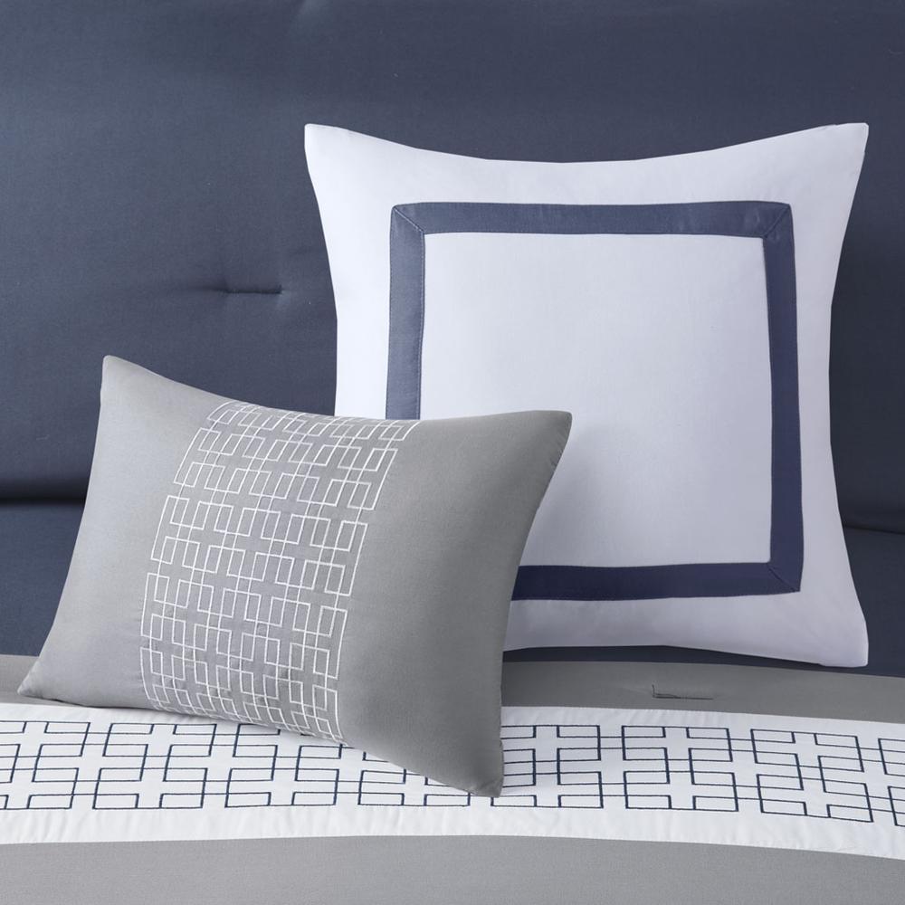 Powell 8 Piece Embroidered Comforter Set, Navy color. Picture 2