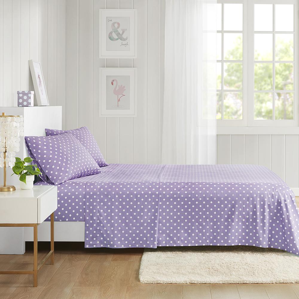 Polka Dot Printed 100% Cotton Sheet Set, Purple color. Picture 4