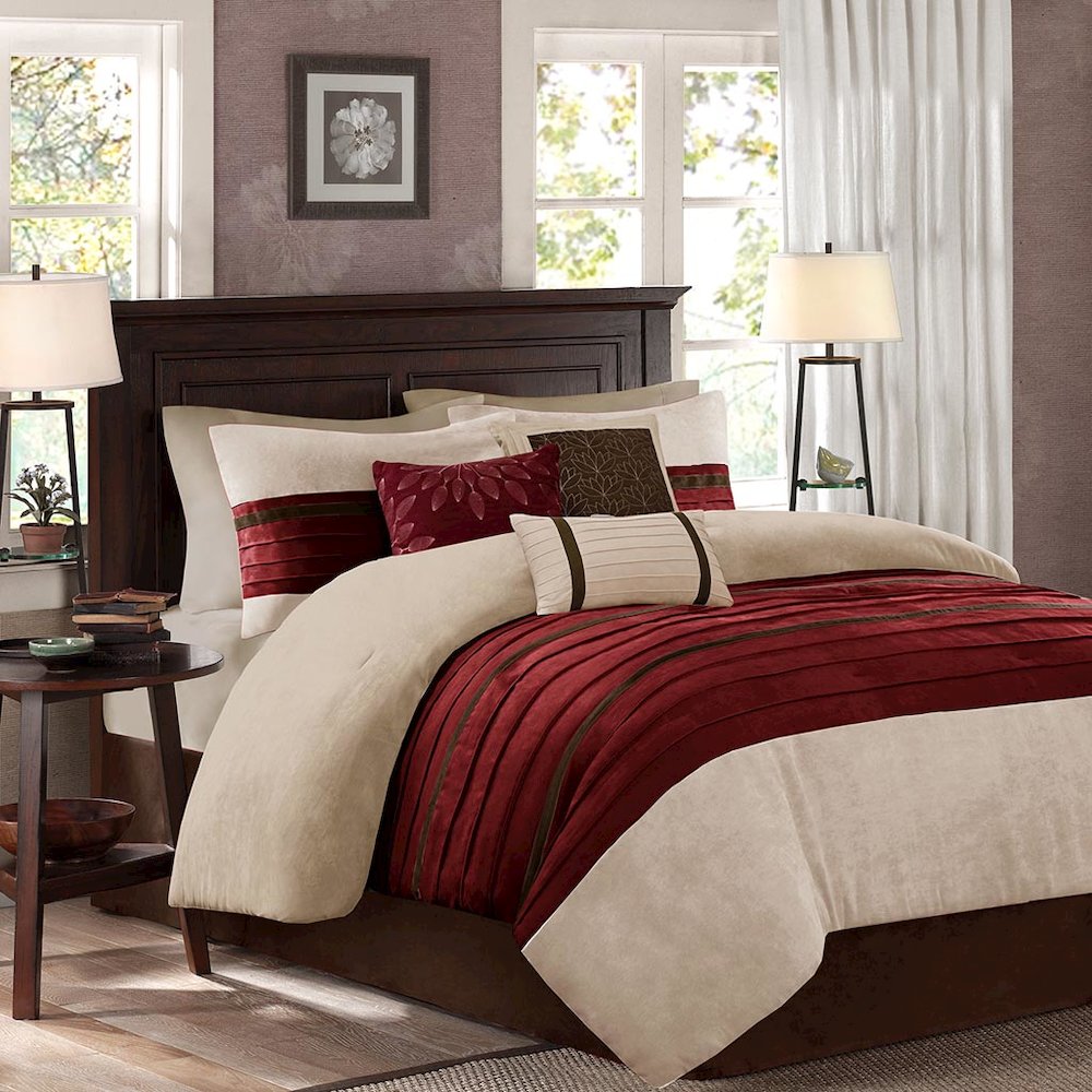 Palmer 7 PC Pieced Faux Suede Comforter Set, Red color. Picture 1