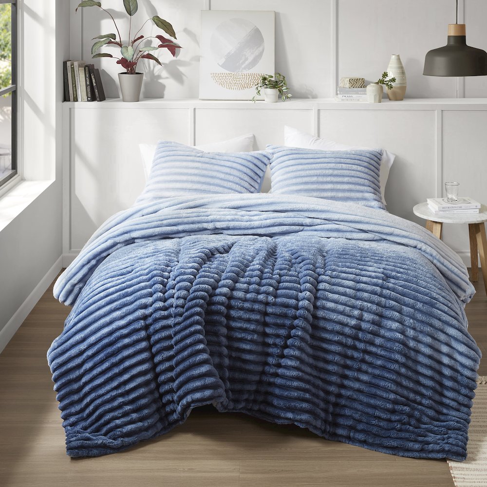 Avril Fluffy Ribbed Plush Comforter Set, Blue Ombre color. Picture 1