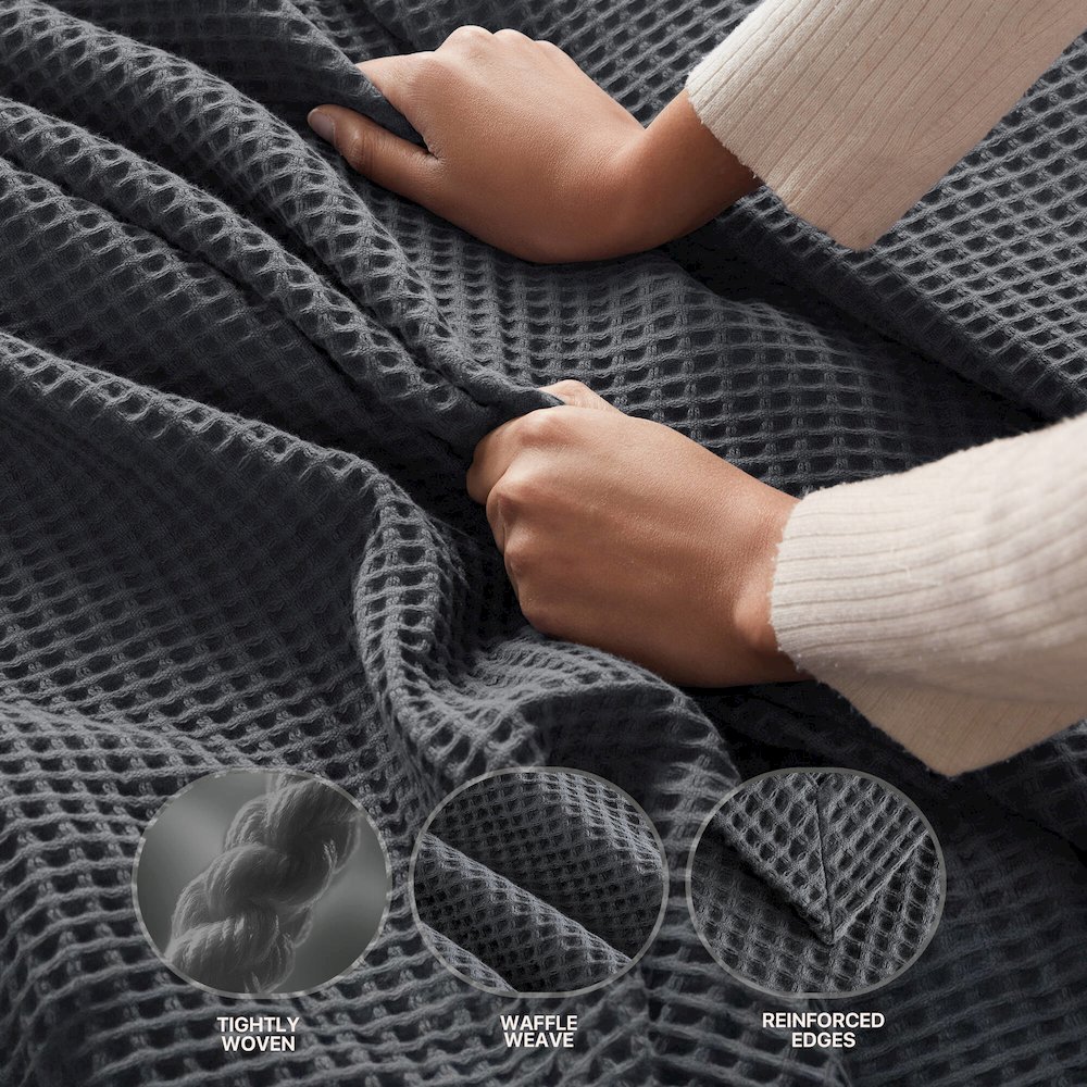 Waffle Weave Cotton Blanket, Dark Grey color. Picture 5