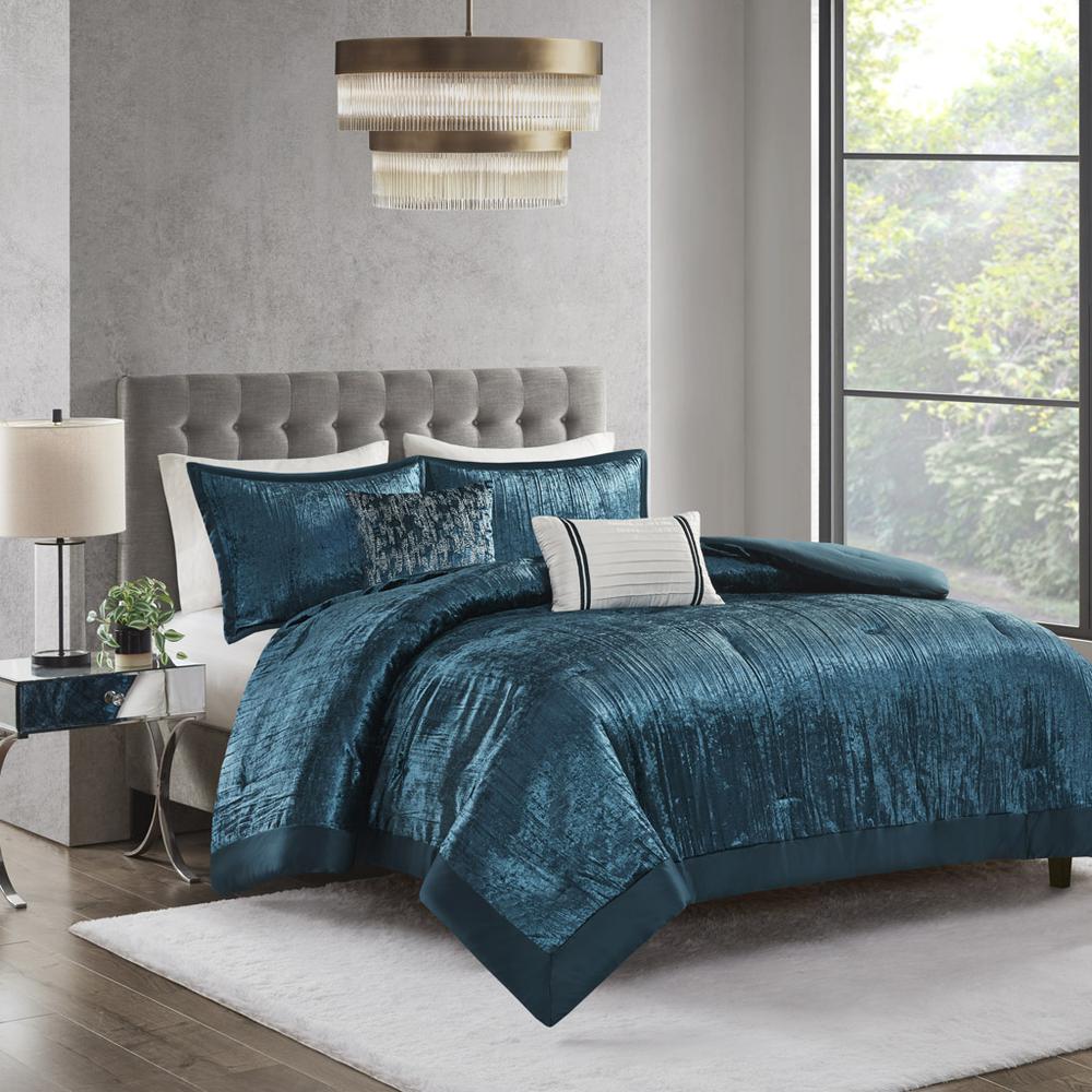 Lee 5 Piece Crinkle Velvet Comforter Set, Teal color. Picture 4