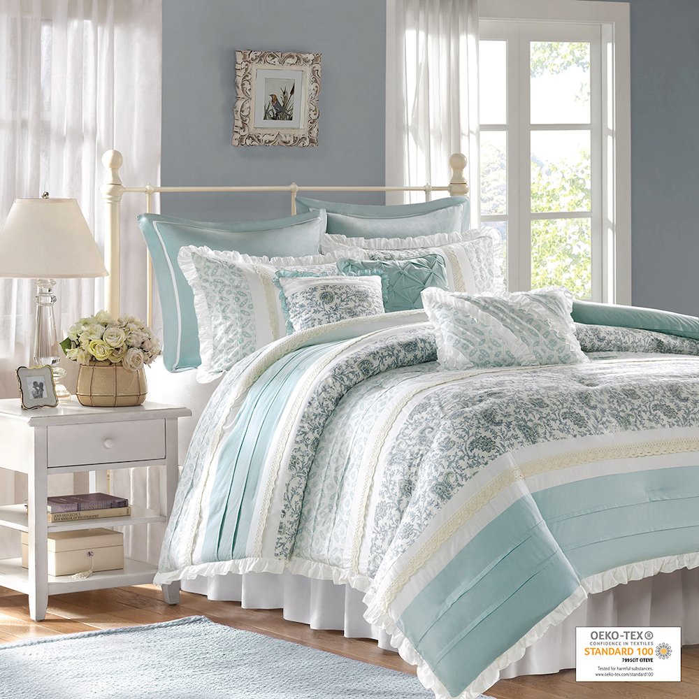Dawn 9 Piece Cotton Percale Comforter Set, Aqua color. Picture 1