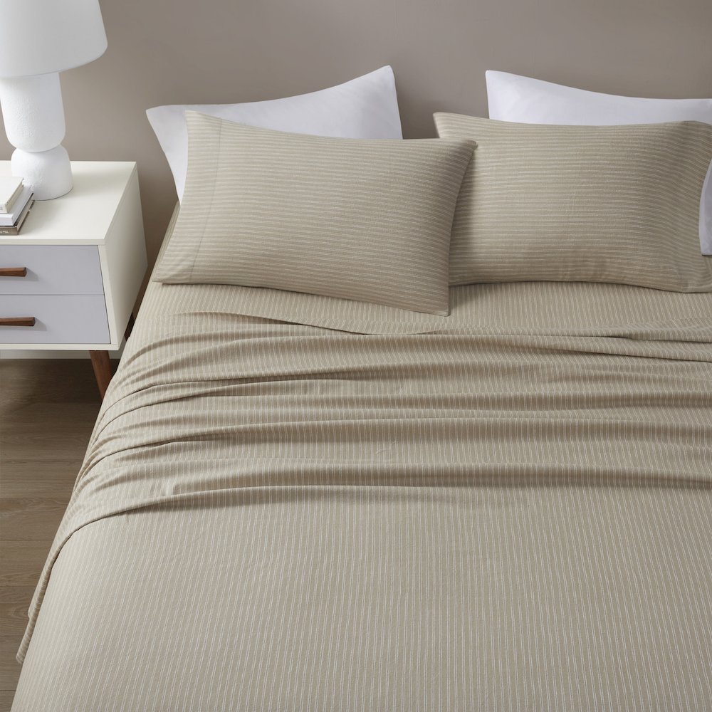 Cozy Flannel 100% Cotton Flannel Printed Sheet Set, Beige/White Stripes color. Picture 5