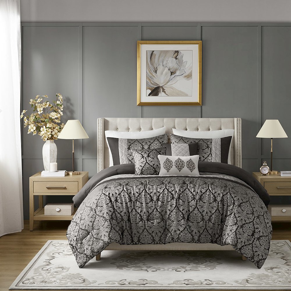 Lily 6 Piece Jacquard Comforter Set with Throw Pillows in Black Color. Picture 3