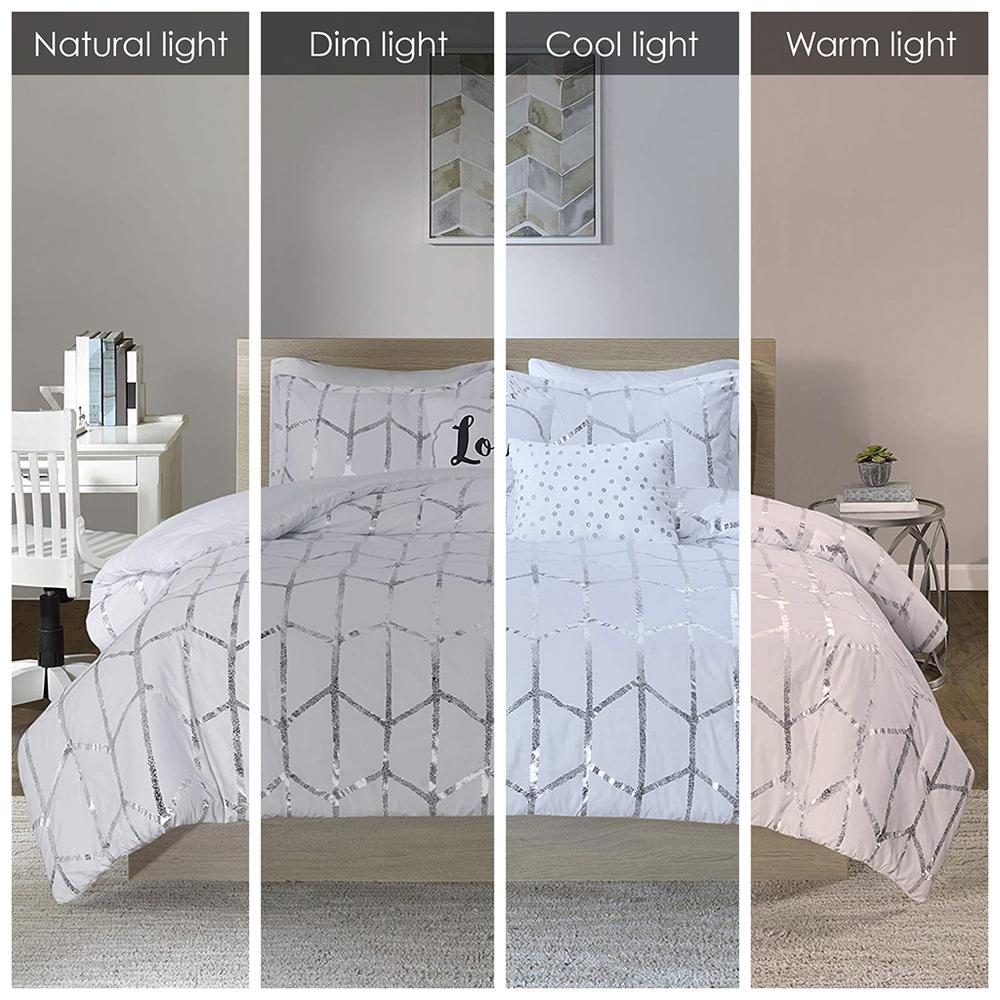 Raina Metallic Printed Comforter Set, White/Silver color. Picture 1