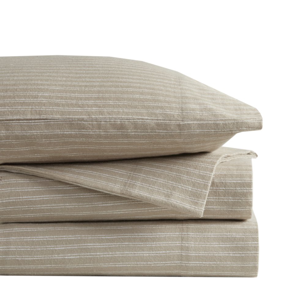 Cozy Flannel 100% Cotton Flannel Printed Sheet Set, Beige/White Stripes color. Picture 2