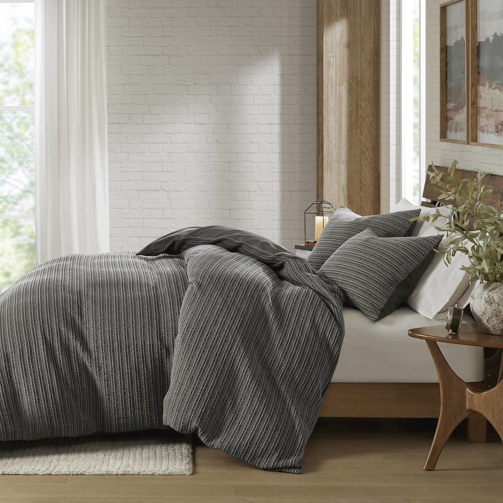 Lyon Waffle Washed Duvet Set, Charcoal color. Picture 4