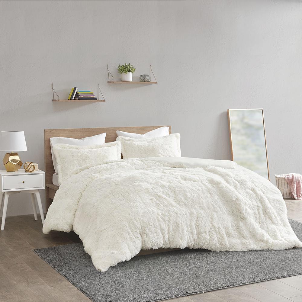 Malea Shaggy Fur Duvet Cover Set, Ivory color. Picture 4