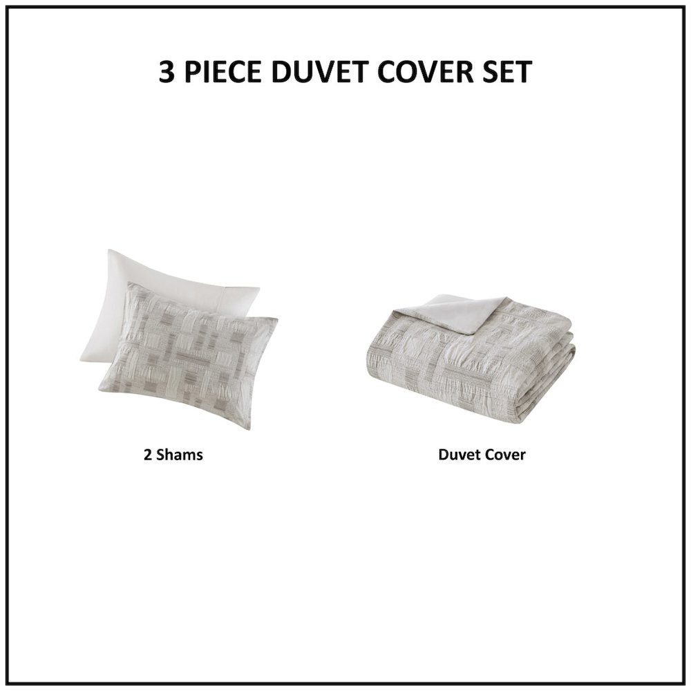 Cairo 3 Piece Cotton Jacquard Duvet Set, Ivory color. Picture 1