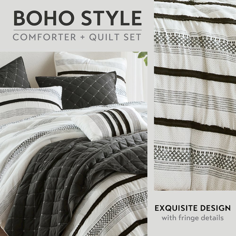 Carolina 7 Piece Stripe Comforter and Quilt Set, Black color. Picture 4