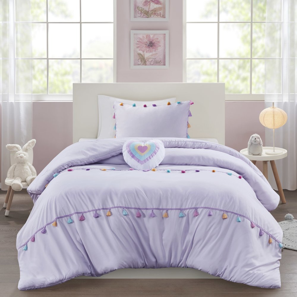 Tessa Tassel Comforter Set with Heart Shaped Throw Pillow in Lavender Color. Picture 3