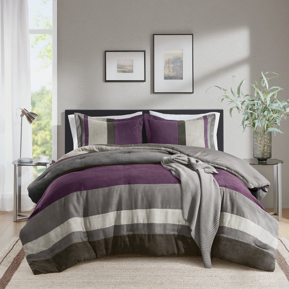 Boulder Stripe Pieced Faux Suede Comforter Set, Purple color. Picture 1