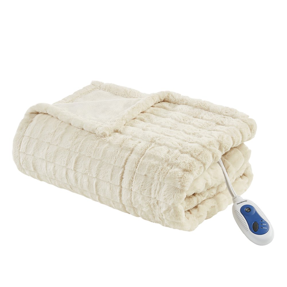 Zuri Oversized Faux Fur Heated Throw in Ivory Texture. Picture 1