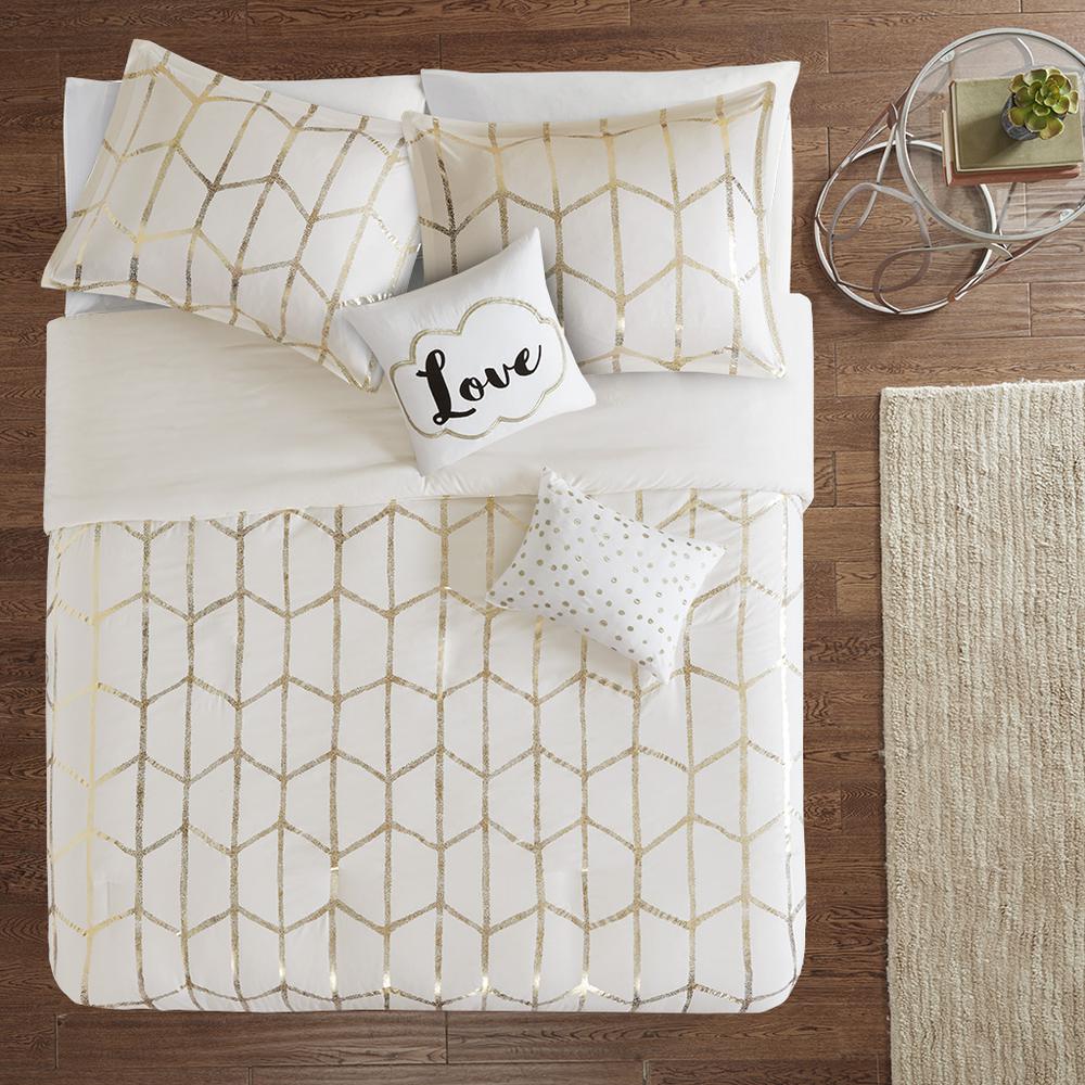Raina Metallic Printed Duvet Cover Set, Ivory/Gold color. Picture 3