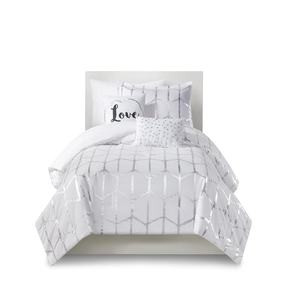Raina Metallic Printed Comforter Set, White/Silver color. Picture 3
