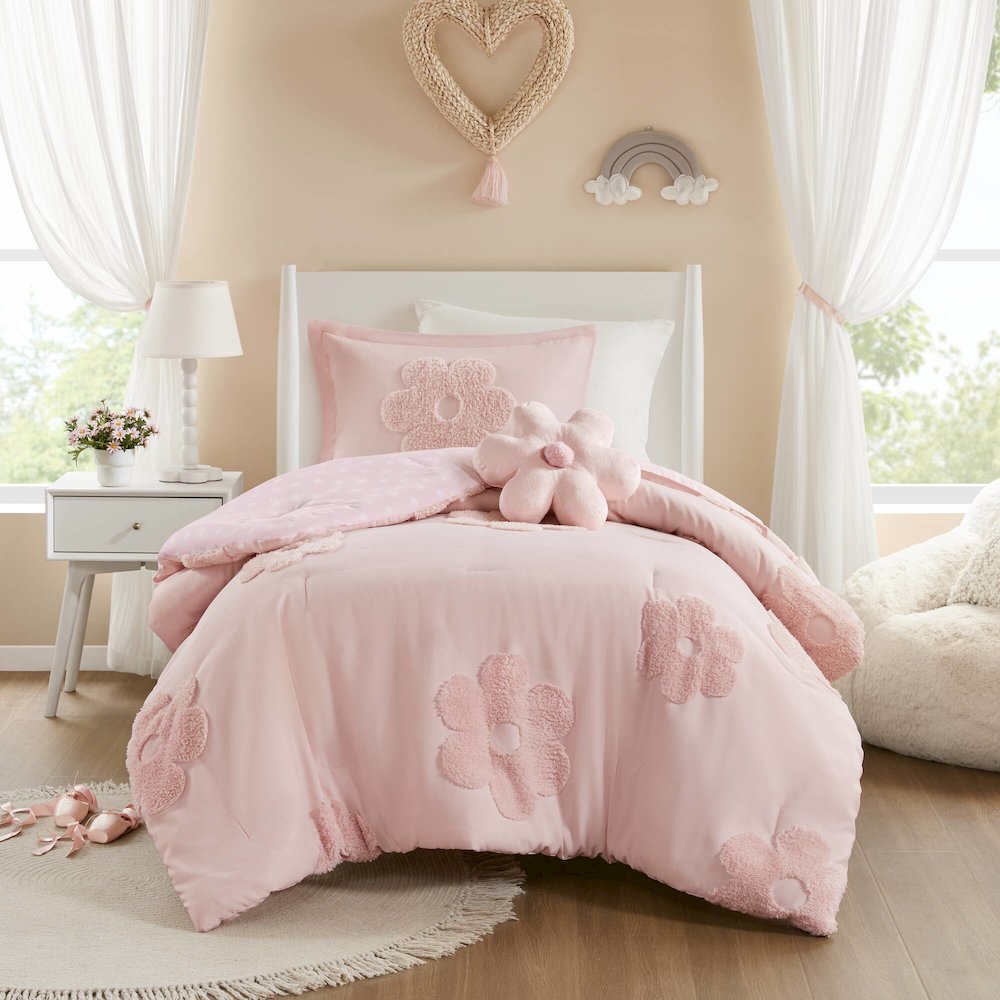 Floral Reversible Tufted Chenille Comforter Set with Flower Throw Pillow. Picture 1