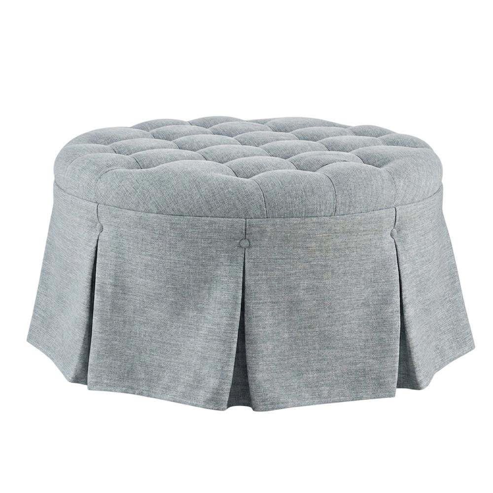 Light Blue Tufted Round Ottoman, Skirted Seat for Bedroom. Picture 1