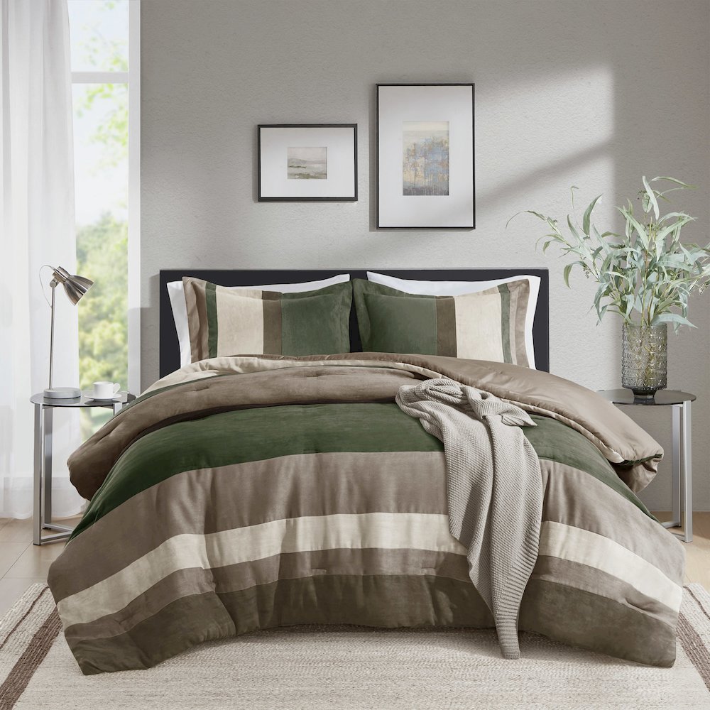 Boulder Stripe Pieced Faux Suede Comforter Set, Green color. Picture 1