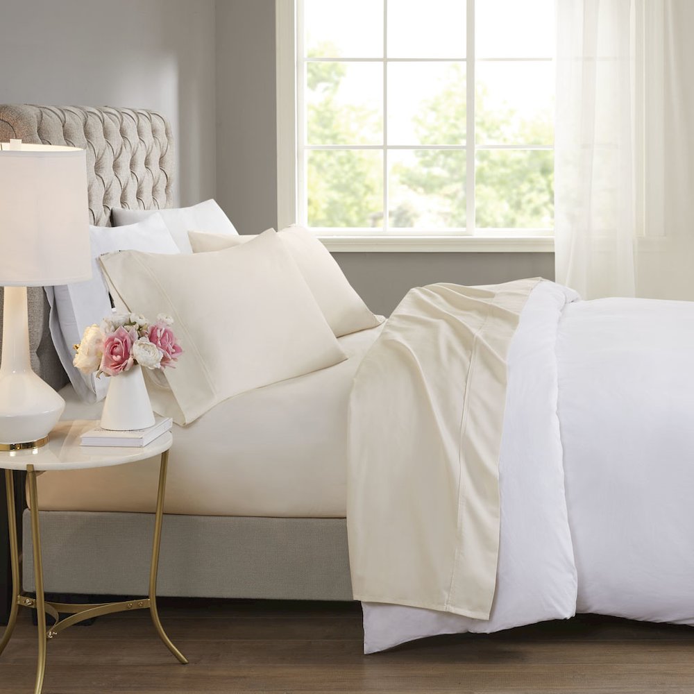 600 Thread Count Cooling Cotton Blend 4 PC Sheet Set, Ivory color. Picture 4