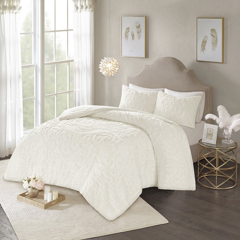 3-Piece Tufted Cotton Chenille Medallion Duvet Cover Set. Picture 1
