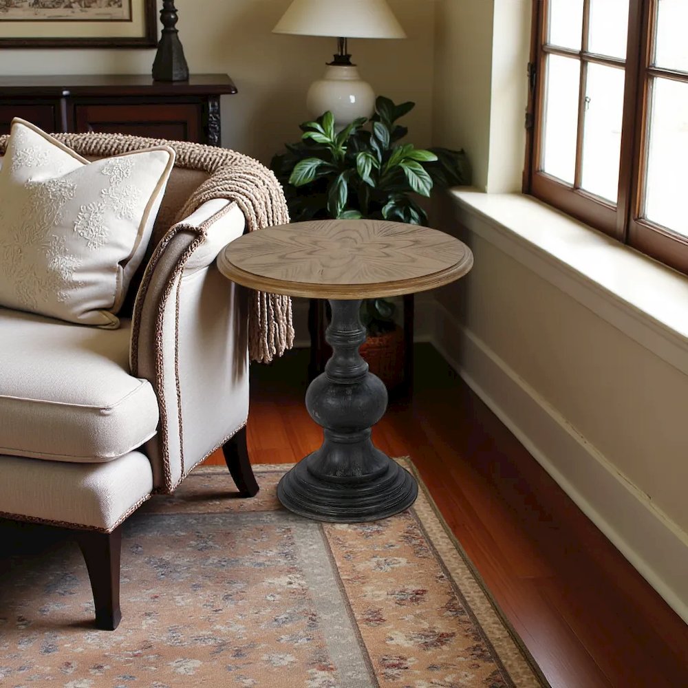 Elegant Round Side Table – Brown Wooden Pedestal Accent Table. Picture 2