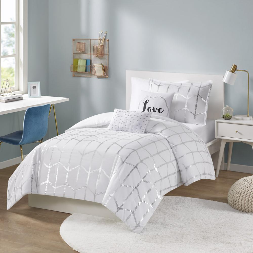 Raina Metallic Printed Comforter Set, White/Silver color. Picture 4
