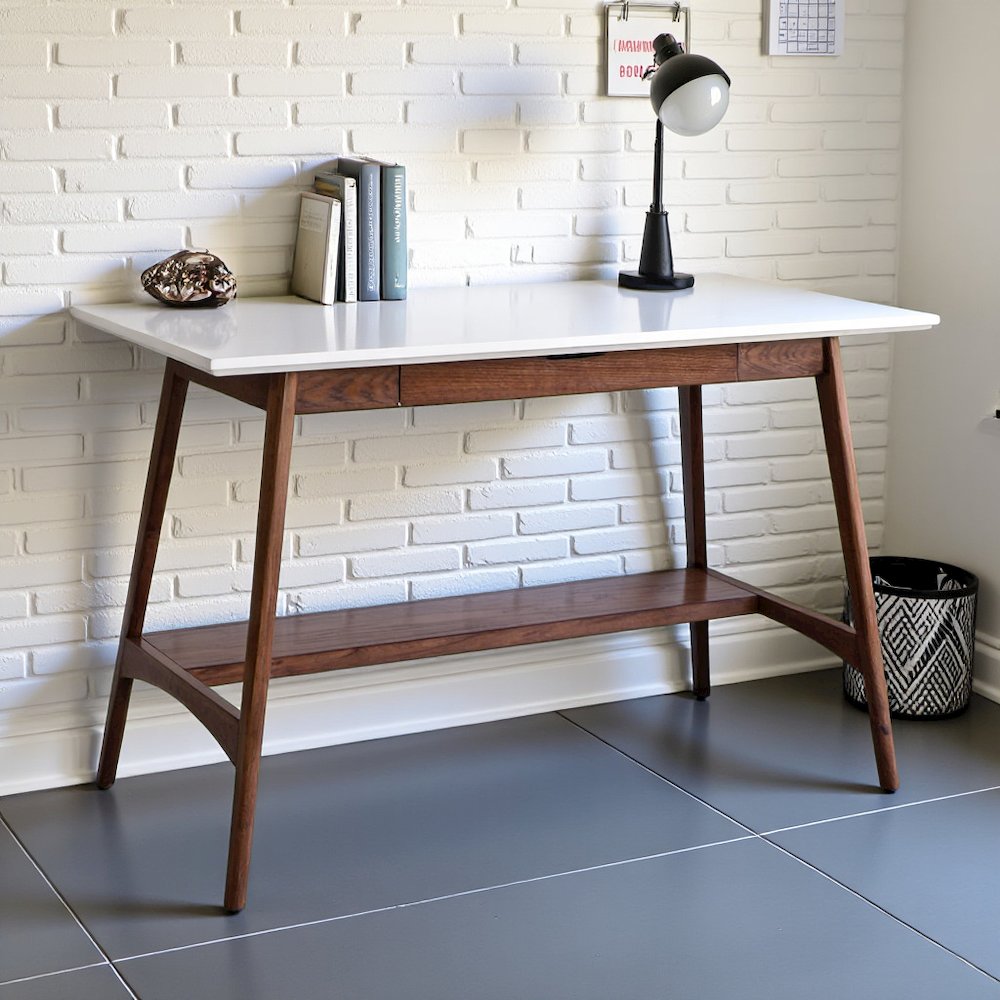 White Office Table – 24 Inch Minimalist Desk with MDF Top and Shelf. Picture 2
