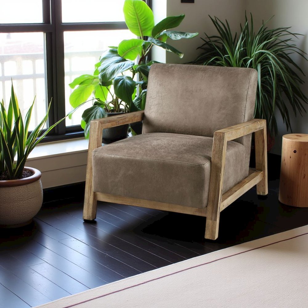 Brown Upholstered Accent Chair with Reclaimed Wood Frame for Living Room. Picture 2