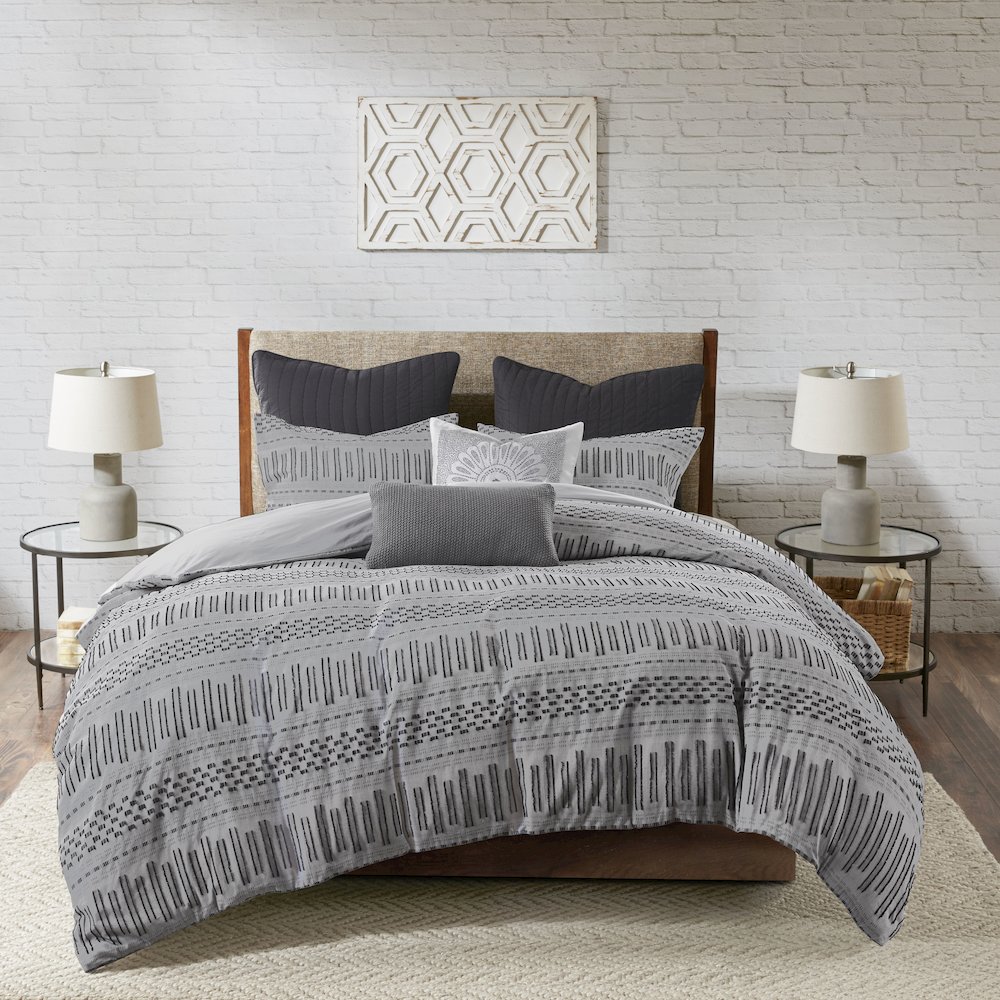 Rhea Cotton Jacquard Duvet Cover Mini Set, Grey/Black color. Picture 4