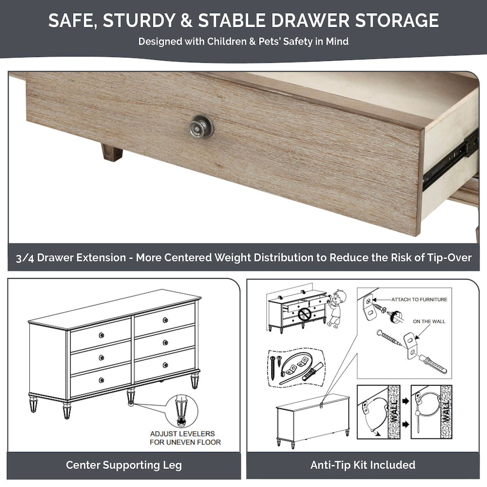 Victoria 6-drawer wood dresser (70"), Reclaimed Grey color. Picture 3