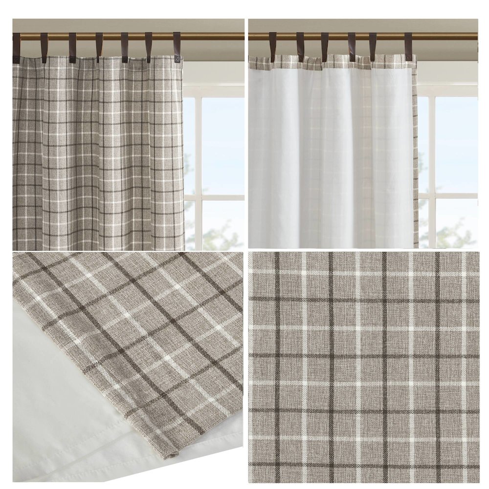 Plaid Faux Leather Tab Top Curtain Panel with Fleece Lining. Picture 4