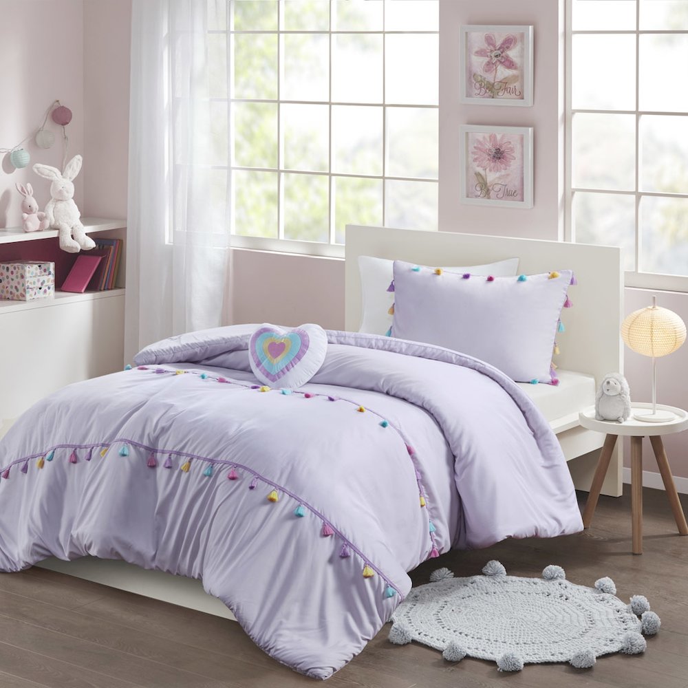Tessa Tassel Comforter Set with Heart Shaped Throw Pillow in Lavender Color. Picture 2