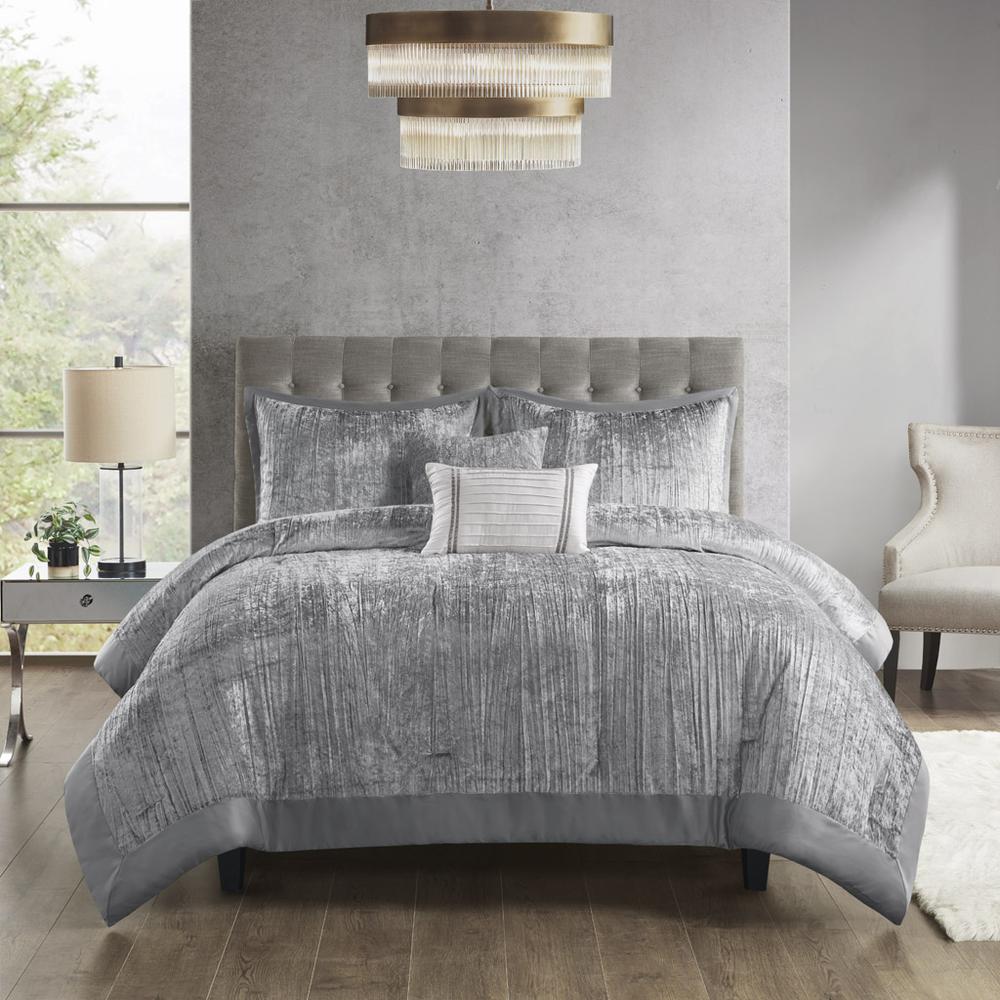 Lee 5 Piece Crinkle Velvet Comforter Set, Silver color. Picture 2