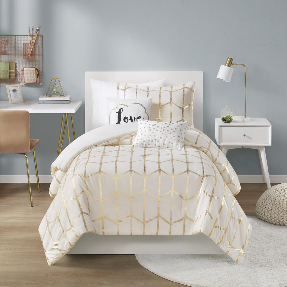 Raina Metallic Printed Comforter Set, Ivory/Gold color. Picture 3