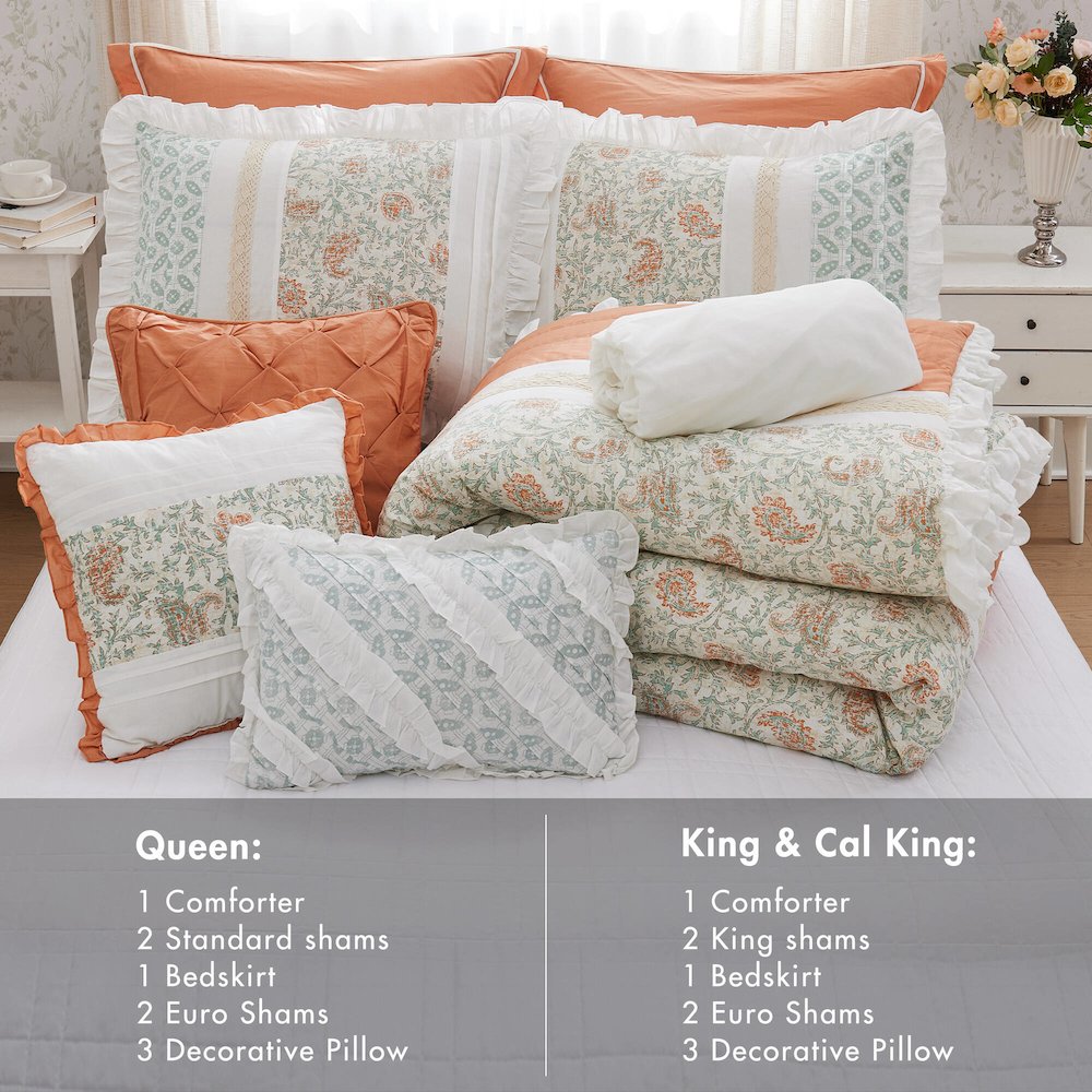 Dawn 9 Piece Cotton Percale Comforter Set, Coral color. Picture 5