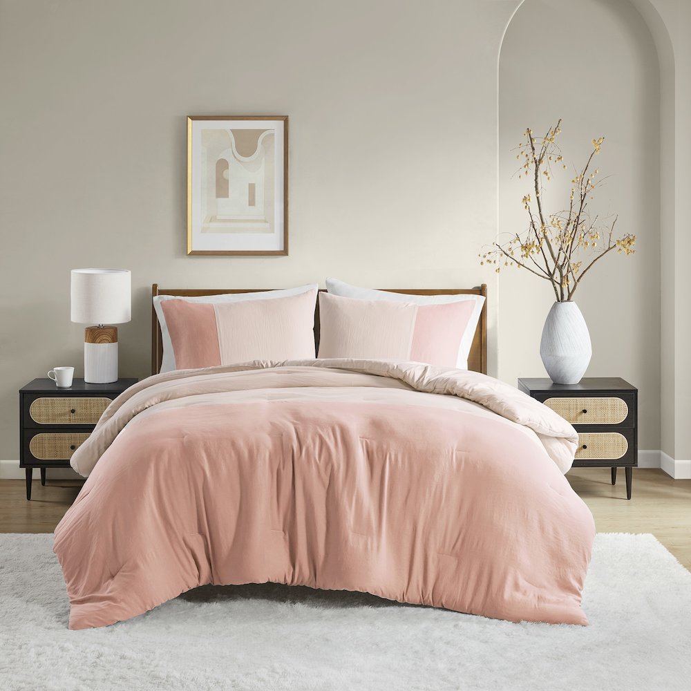 Miro Soft Washed Color Block Comforter Set, Pink color. Picture 1