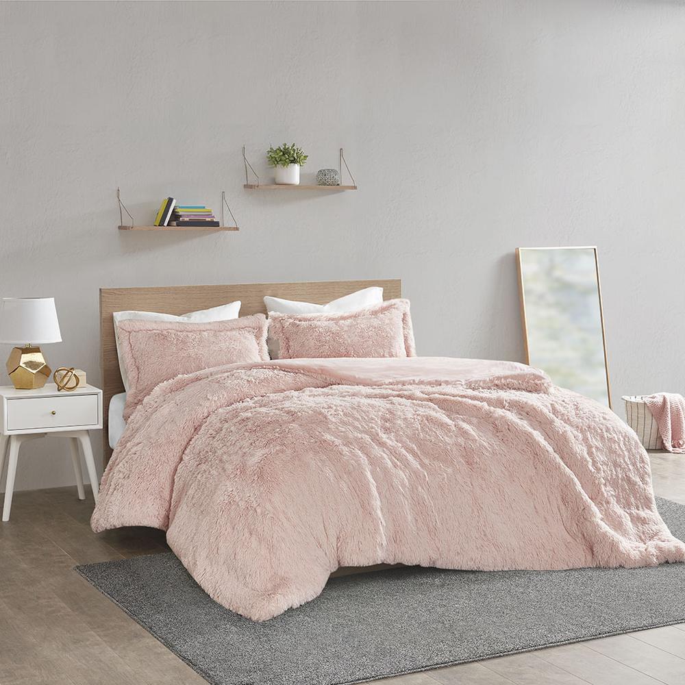 Malea Shaggy Fur Duvet Cover Set, Blush color. Picture 4