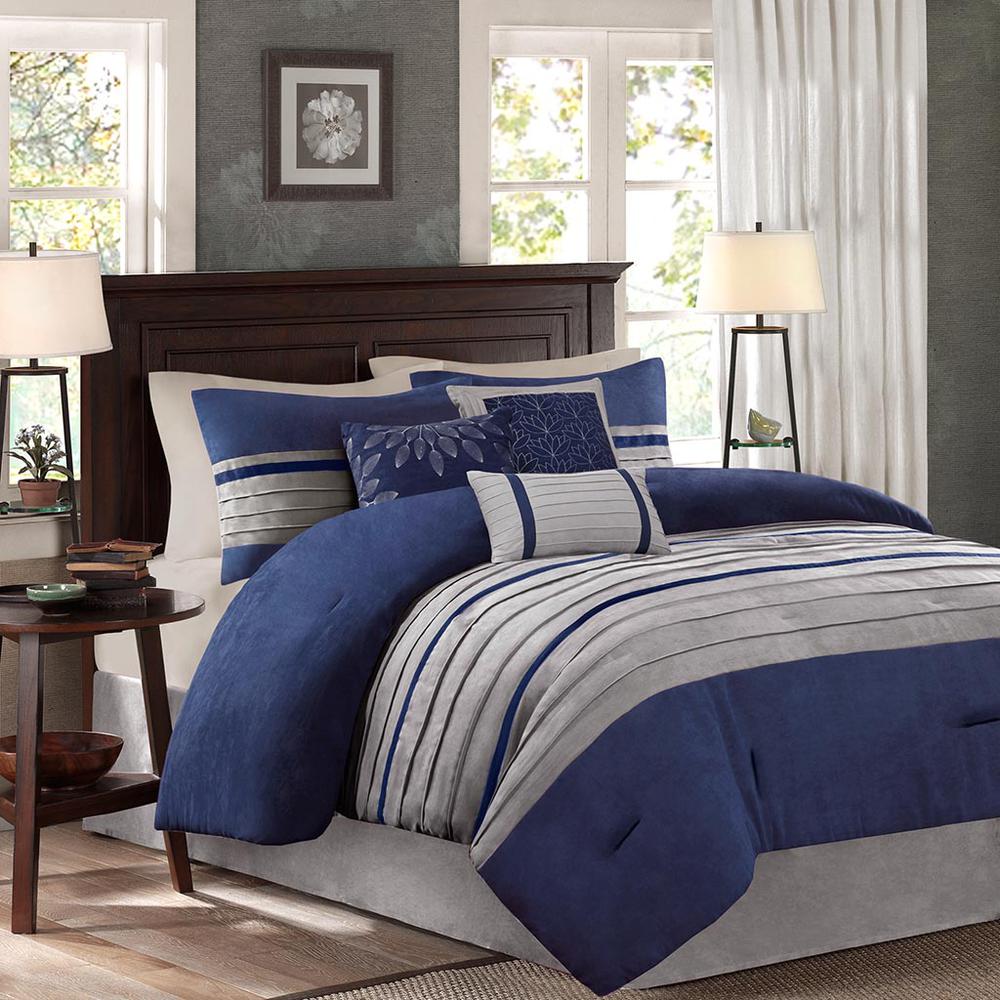 Palmer 7 Piece Faux Suede Comforter Set, Blue color. Picture 4