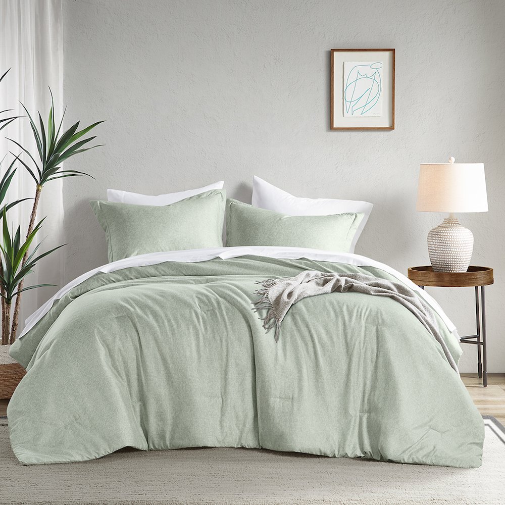 Camden Chambray Print Solid Comforter Set, Sage Green color. Picture 1