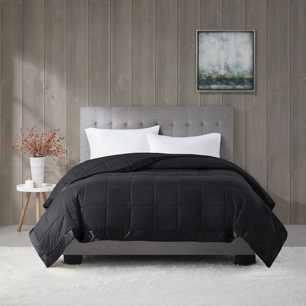 Windom Lightweight Down Alternative Blanket with Satin Trim in Black. Picture 3